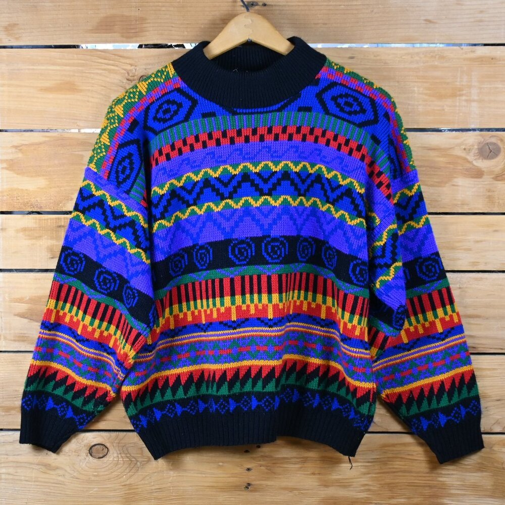 VTG 90s Jessica Roberts Acrylic Knit Aztec Print Multicolor Crew Neck Sweater